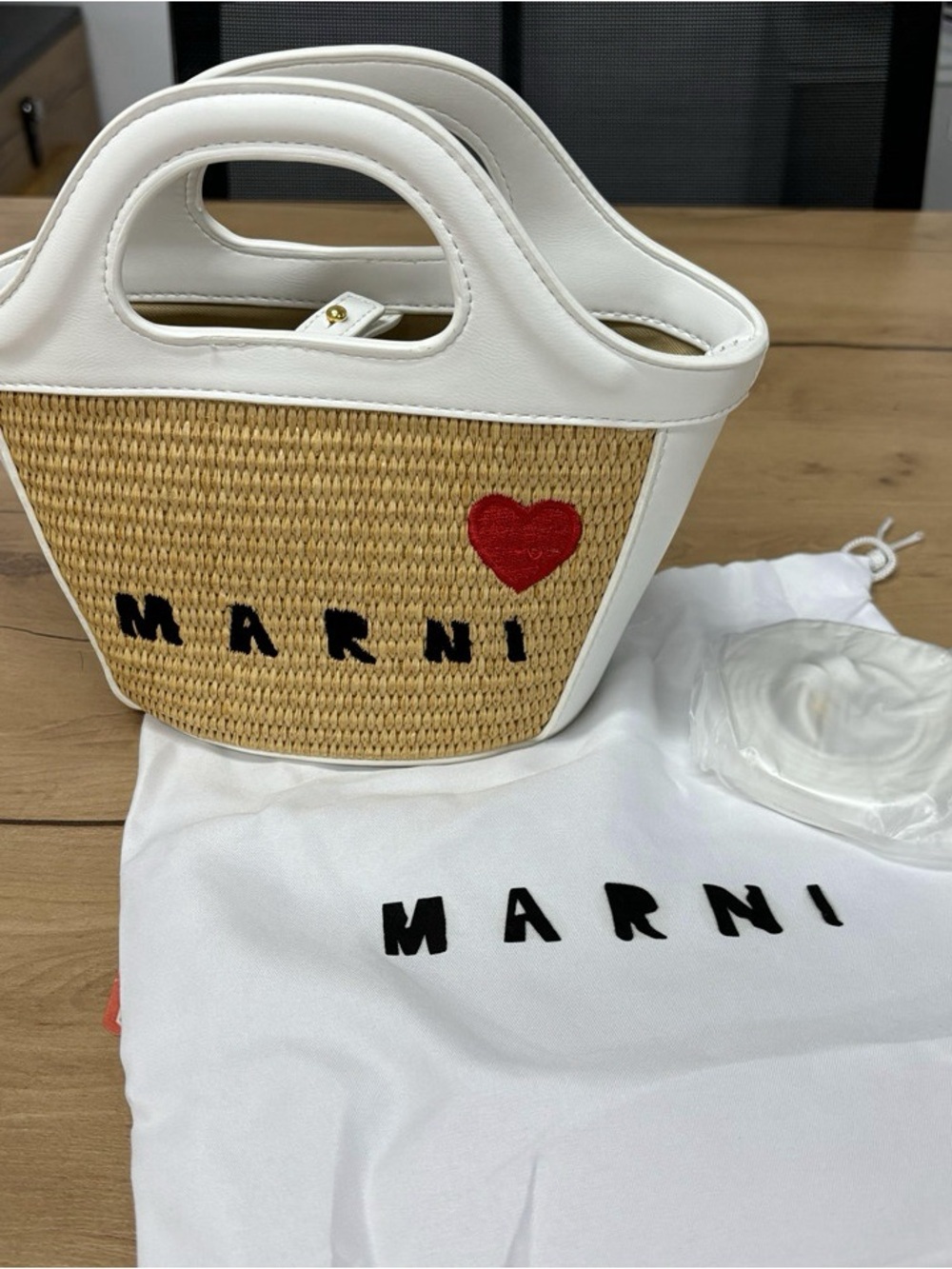 Marni White & Natural Raffia Tote with Red Heart Patch